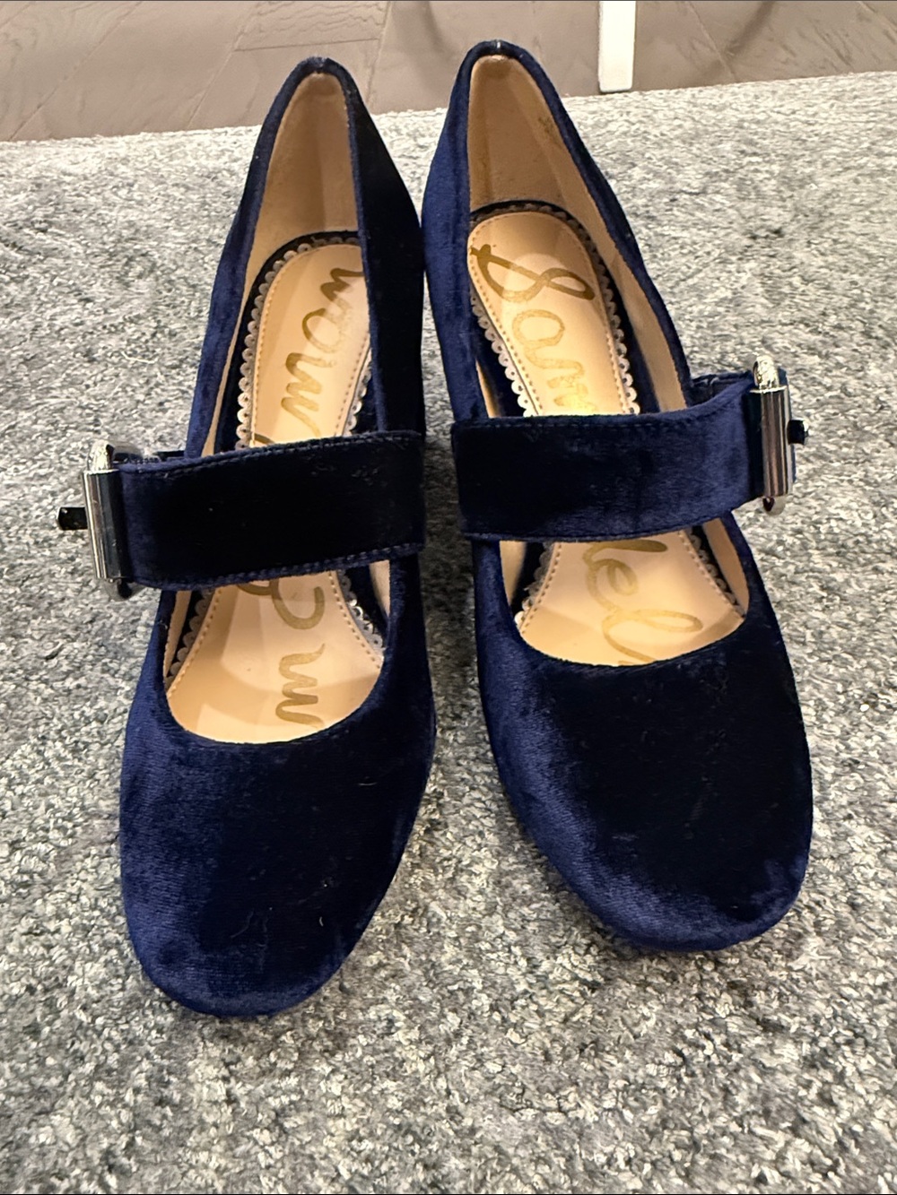 Sam Edelman Chessie Navy Blue Velvet Mary Jane Block Heels - Size 6M - Picture 2 of 9